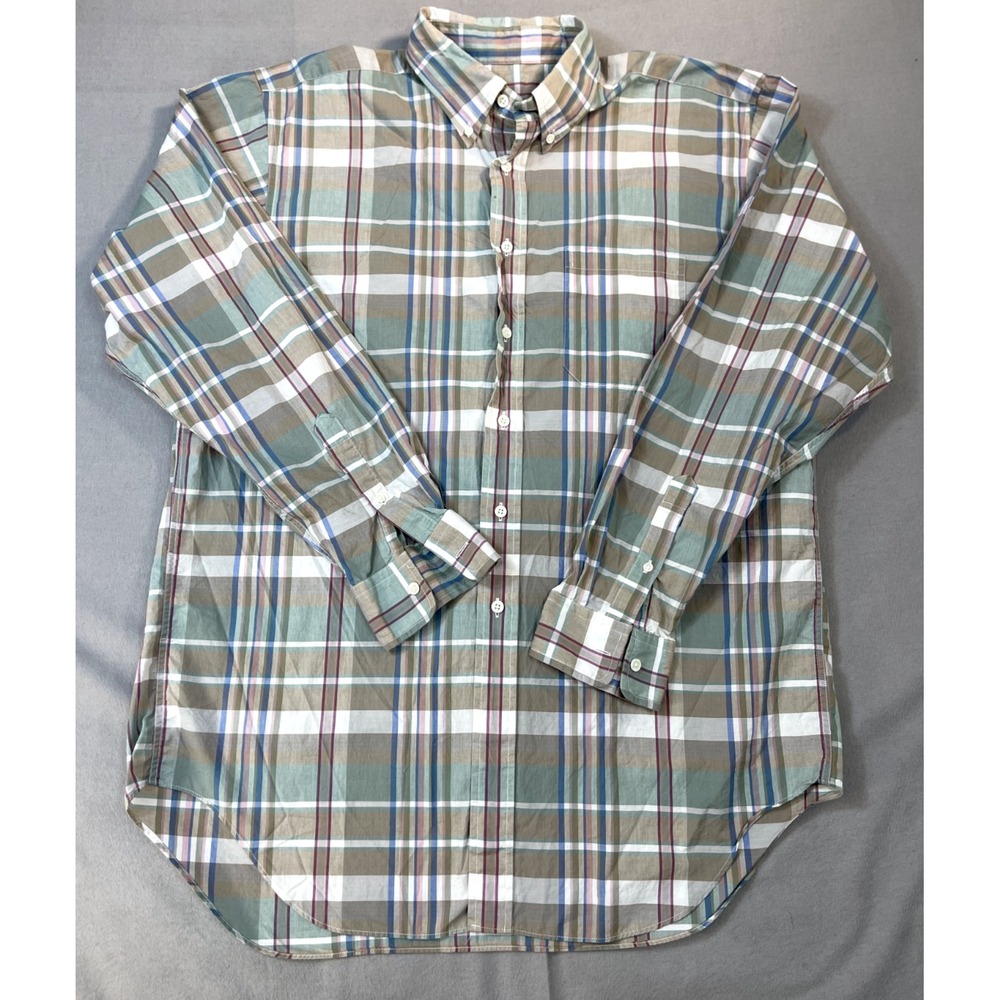Brooks Brothers Shirt Large Plaid Green‎ Blue Pink Long Sleeve Woven Mens